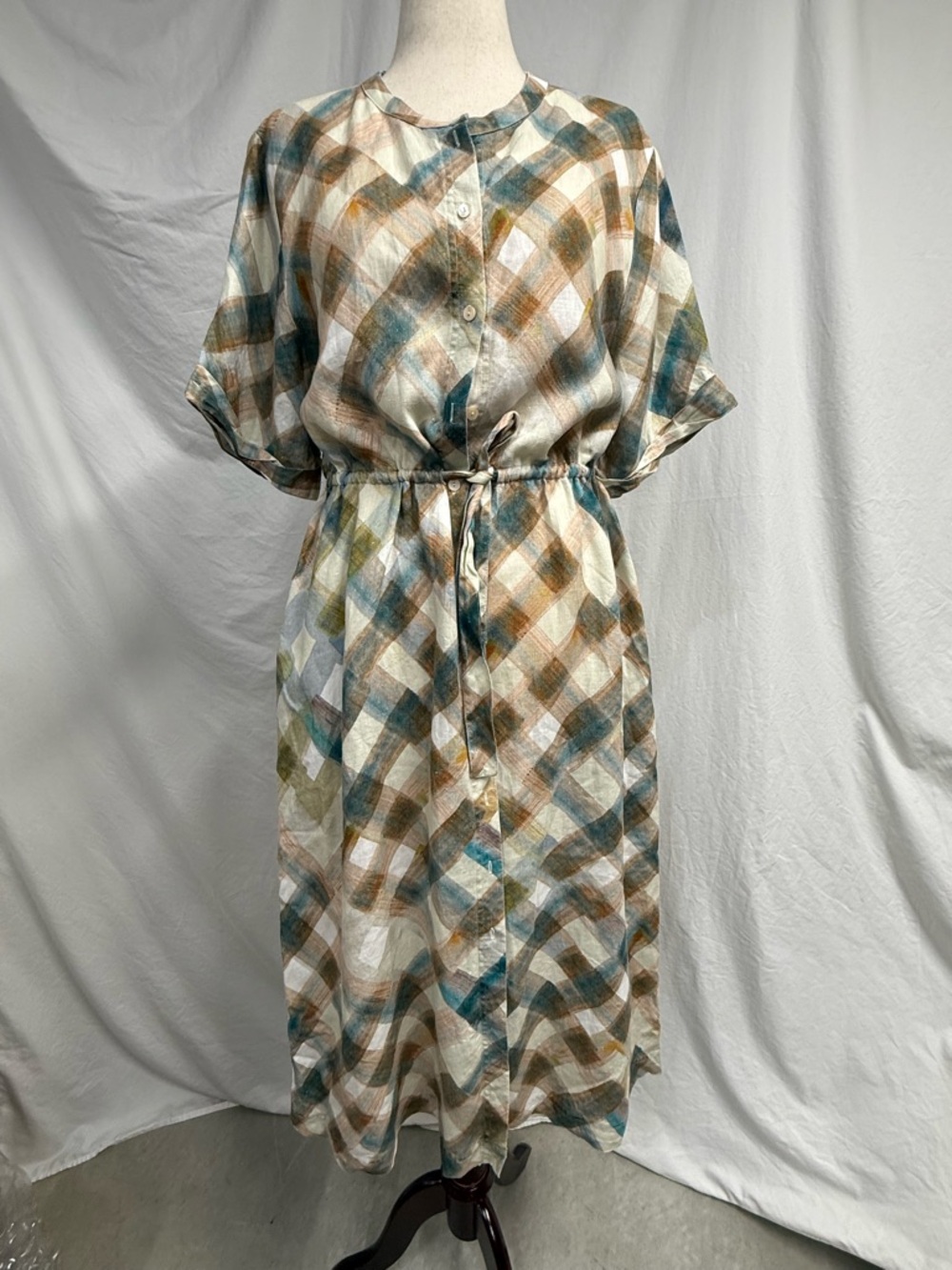 Poetry Fashion 100% Linen Plaid Button-Front Midi Dress with Tie Waist